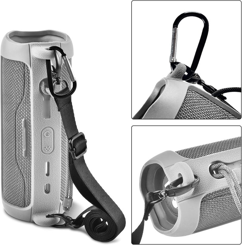 Comecase Silicone Case for JBL FLIP 6 Waterproof Portable Bluetooth Speaker, Gel Soft Skin Rubber Cover, Travel Carrying Storage Bag Pouch with Shoulder Strap and Carabiner - Grey - Image 2